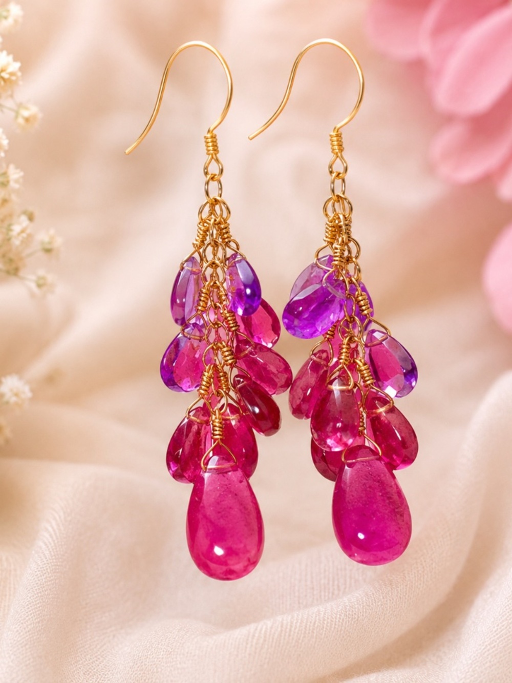 New Natural Amethyst Rubellite and Pink Sapphire Earrings Solid 18K Rose Gold